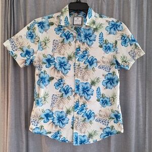 Denim & Flower Ricky Singh Button Up Shirt M Slim Fit White Blue Hawaiian Floral